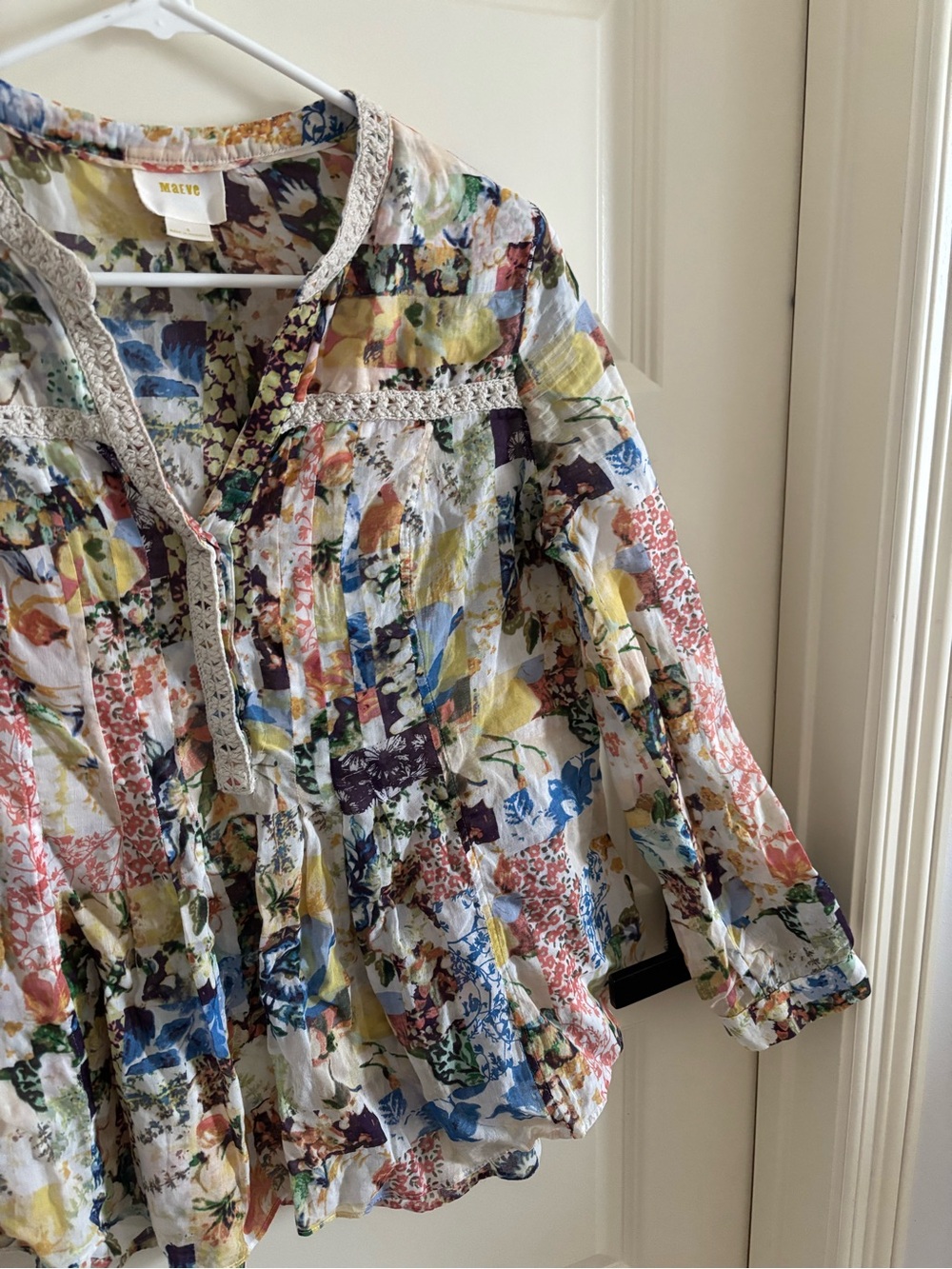 Maeve Abella Pintuck Multi-Color Floral Patchwork Blouse - Cream Base - Picture 4 of 5